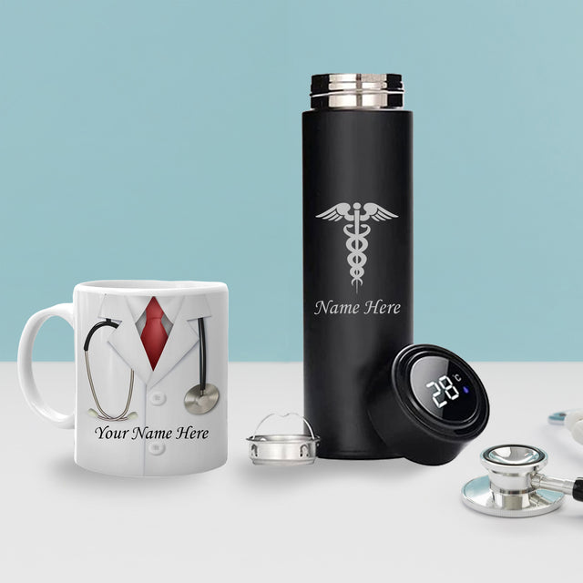 Doctor's Drinkware Combo: Custom Bottle & Mug with Doctor Logo.