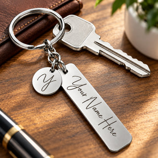 Personalized Initial Keychain | Stainless Steel Bar Key Ring with Round Letter Charm | Gift for Men & Women