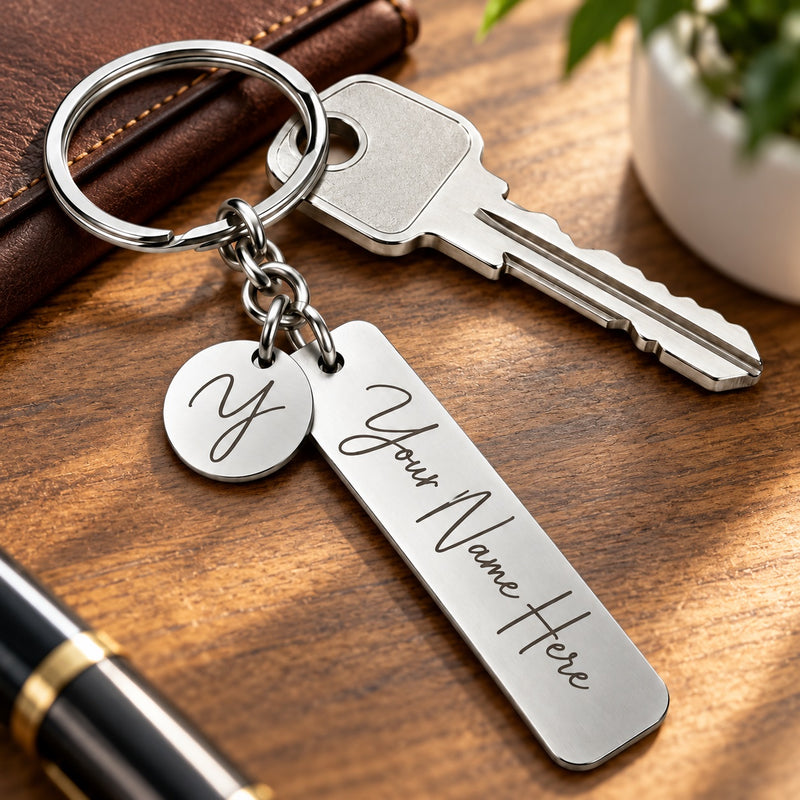 Personalized Initial Keychain | Stainless Steel Bar Key Ring with Round Letter Charm | Gift for Men & Women