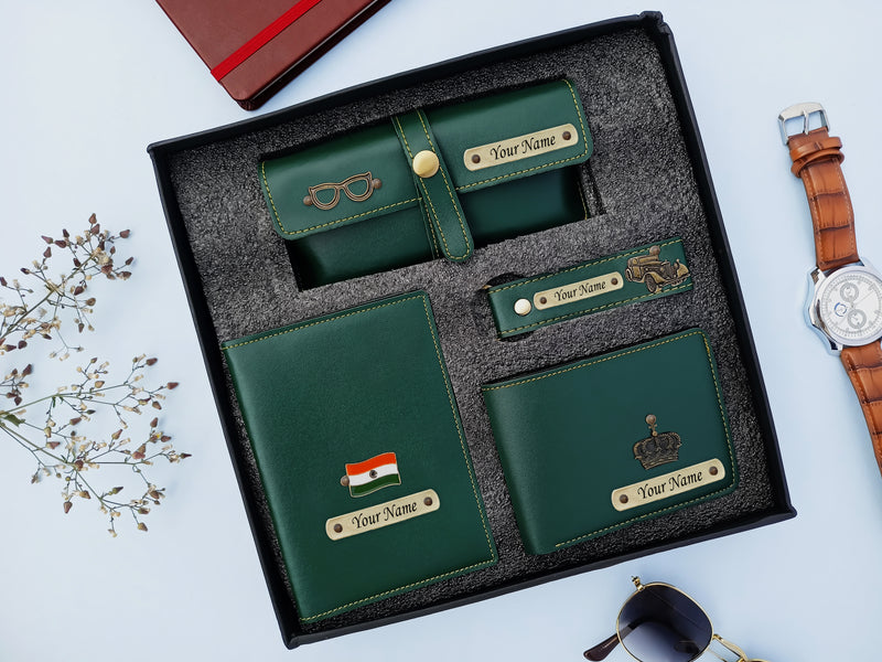 Personalized Men's Leather Gift Set - Wallet, Keychain, Eyewear & Passport Cover.