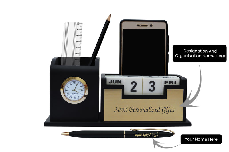 Personalized Pen and Pen Stand with Date & Clock.