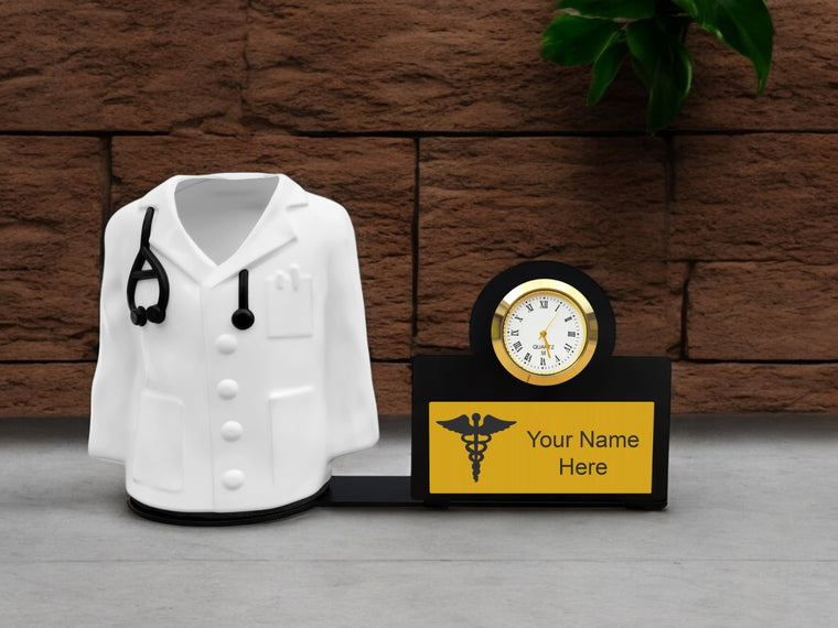 Personalized Doctor Coat Pen Stand with Watch.