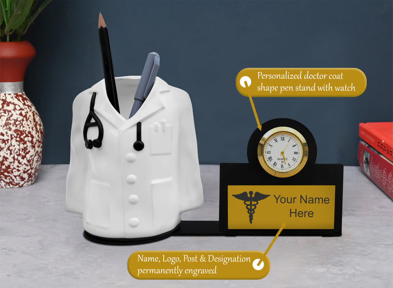 Personalized Doctor Coat Pen Stand with Watch.