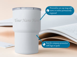 Double Wall Stainless Steel Car Cup Mug with Name or Logo Permanently Engraved.