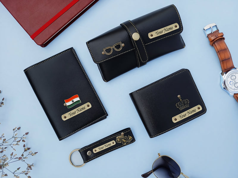 Personalized Men's Leather Gift Set - Wallet, Keychain, Eyewear & Passport Cover.