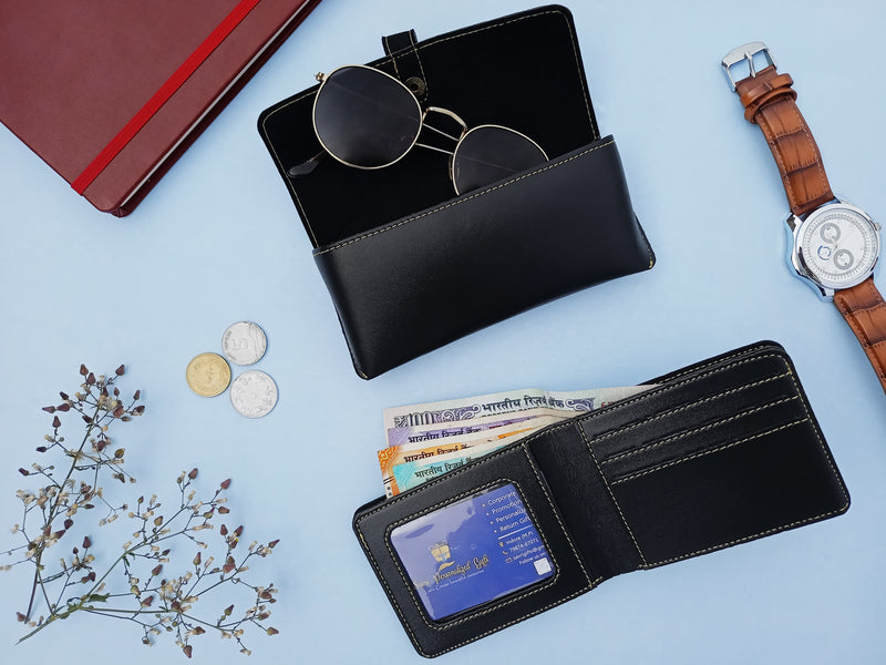 Personalized Men's Leather Gift Set - Wallet, Keychain, Eyewear & Passport Cover.