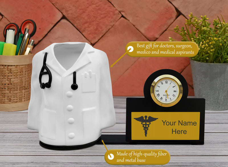 Personalized Doctor Coat Pen Stand with Watch.