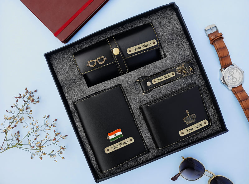 Personalized Men's Leather Gift Set - Wallet, Keychain, Eyewear & Passport Cover.