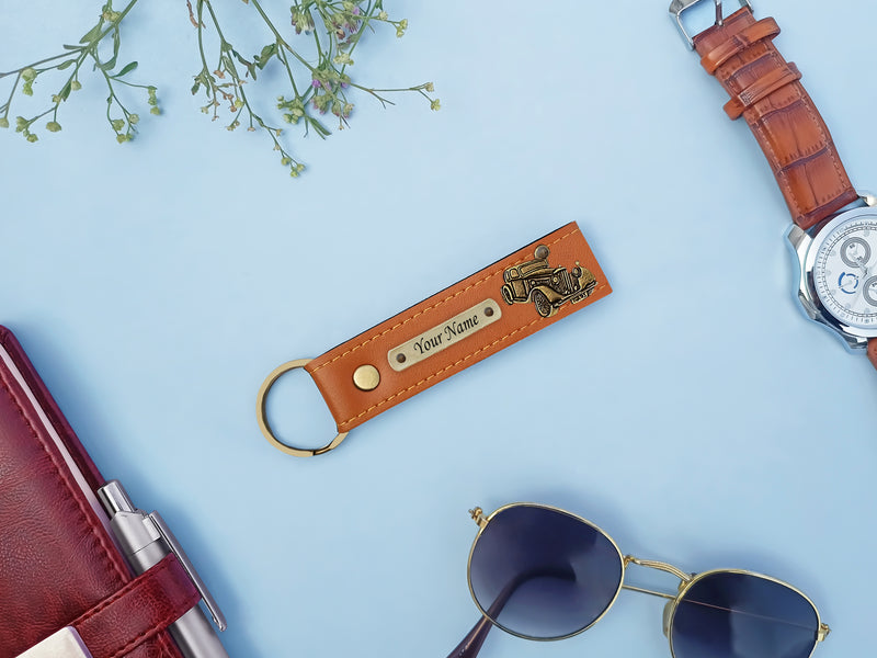 Personalized Leather Keychain with Hook & Charm.