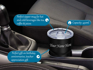 Double Wall Stainless Steel Car Cup Mug with Name or Logo Permanently Engraved.
