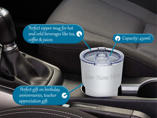 Double Wall Stainless Steel Car Cup Mug with Name or Logo Permanently Engraved.