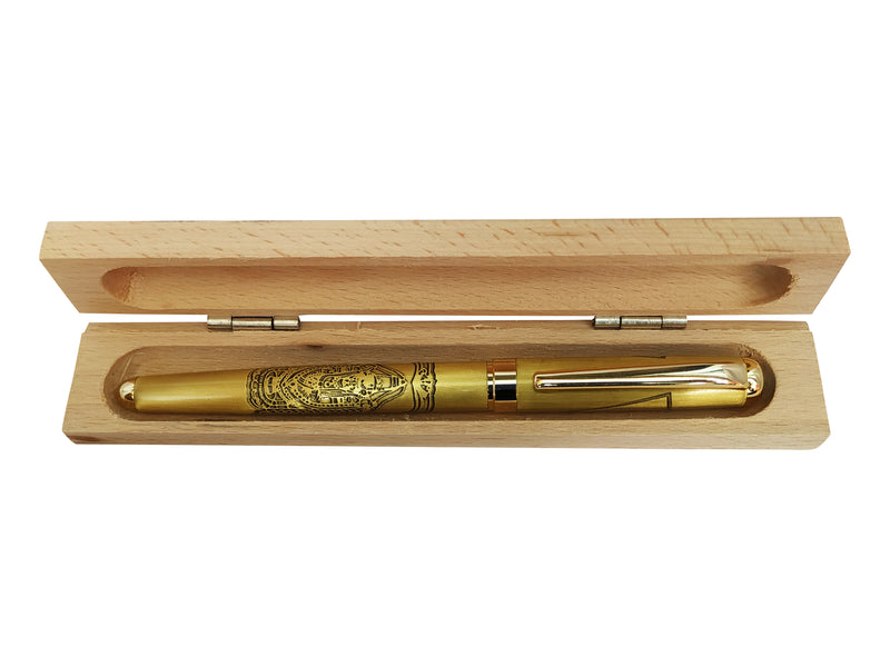 Gold Plated Balaji Bhagwan Roller Pen With Message on Wooden Box.