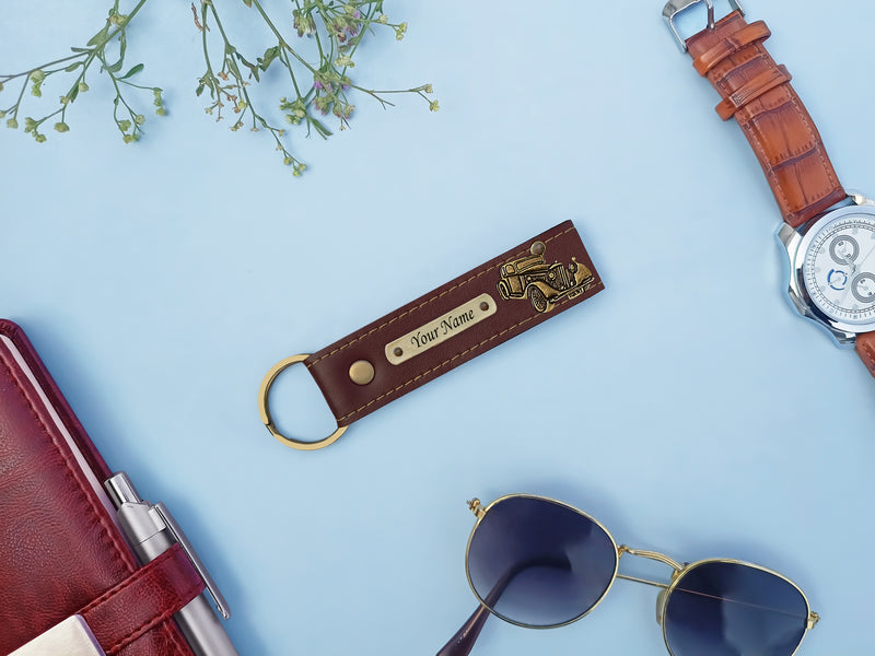 Personalized Leather Keychain with Hook & Charm.