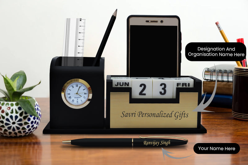 Personalized Pen and Pen Stand with Date & Clock.