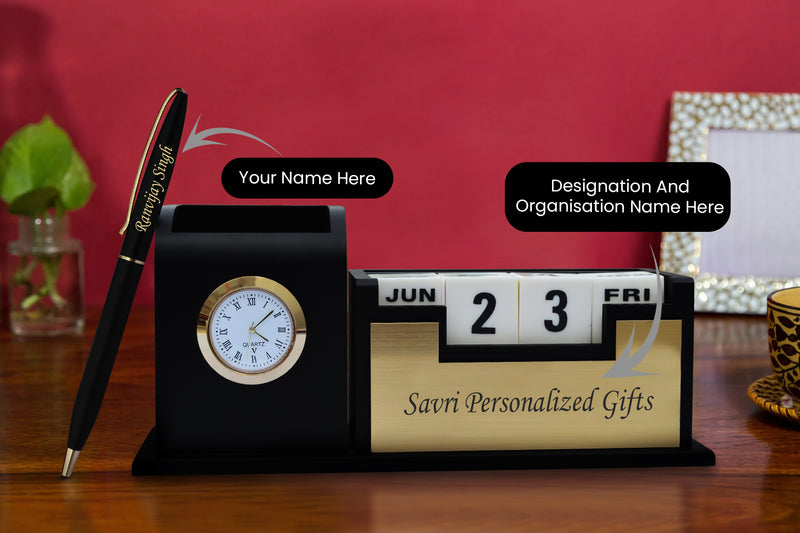 Personalized Pen and Pen Stand with Date & Clock.