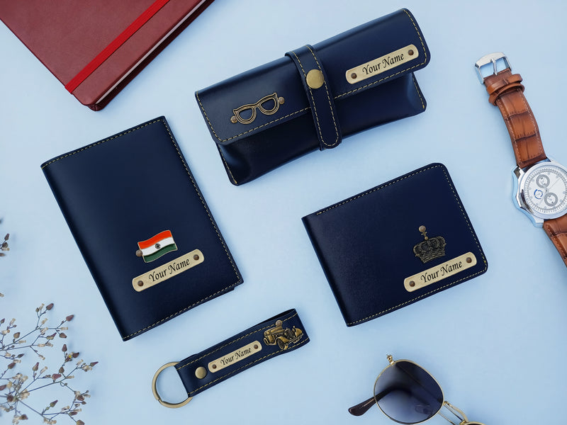 Personalized Men's Leather Gift Set - Wallet, Keychain, Eyewear & Passport Cover.