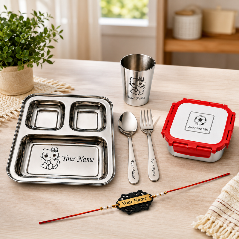 Customized Rakhi Gift Set | Custom Name Engraved 3 Compartment Steel Plate, Lunch Box & Foil Rakhi.
