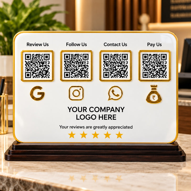 4-in-1 QR Code Standee 10×7 Inch Horizontal|Acrylic Google Review, Instagram, WhatsApp & UPI Payment