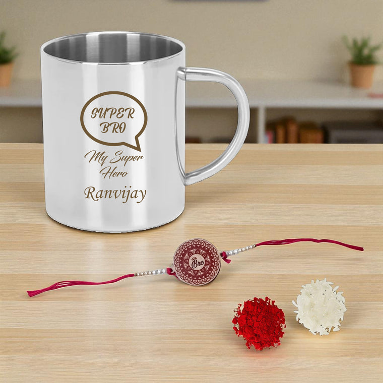 Personalized Stainless Steel Coffee Mug with Rakhi.