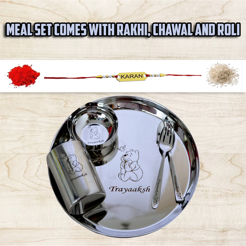 Personalized Stainless Steel Lunch/Dinner Thali/Meal Set with Name Engraved Rakhi, roli, chawal.