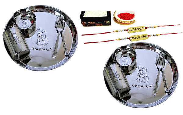 Personalized Stainless Steel Lunch/Dinner Thali/Meal Set with Name Engraved Rakhi, roli, chawal.