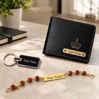 Customized Rakhi Gift for Brother | Personalized Men's Leather Wallet with Name & Charm,Personalized Metal Keychain & Rudraksha Rakhi with Name