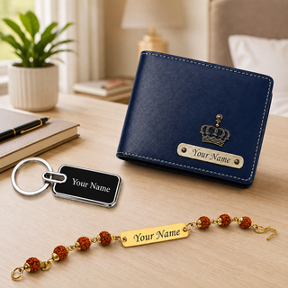 Customized Rakhi Gift for Brother | Personalized Men's Leather Wallet with Name & Charm,Personalized Metal Keychain & Rudraksha Rakhi with Name
