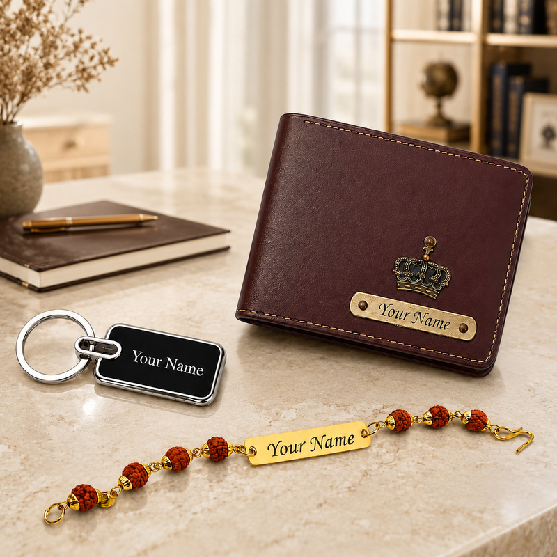 Customized Rakhi Gift for Brother | Personalized Men's Leather Wallet with Name & Charm,Personalized Metal Keychain & Rudraksha Rakhi with Name