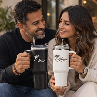 Stainless Steel Insulated Mom & Dad 1200 ml Black & White Straw Tumbler Set of 2