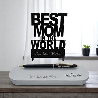 Personalized Pen & Box with 'Best Mom in the World' Acrylic Stand.