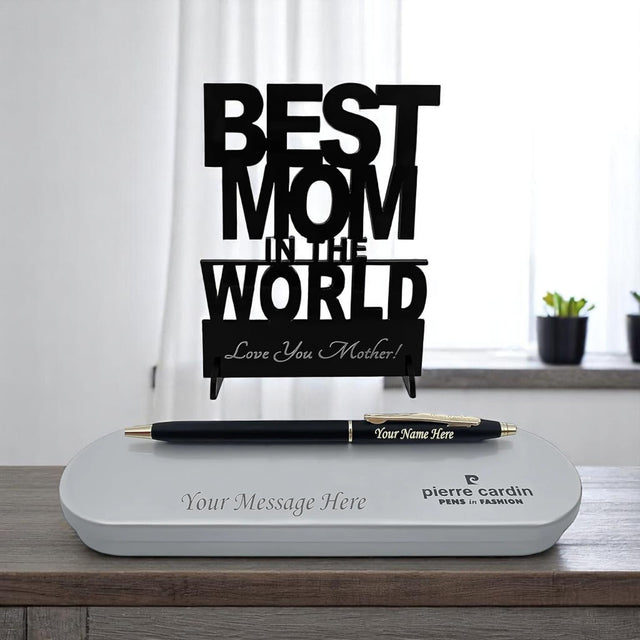 Personalized Pen & Box with 'Best Mom in the World' Acrylic Stand.
