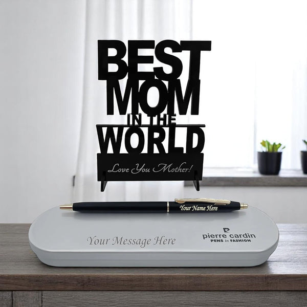 Personalized Pen & Box with 'Best Mom in the World' Acrylic Stand.