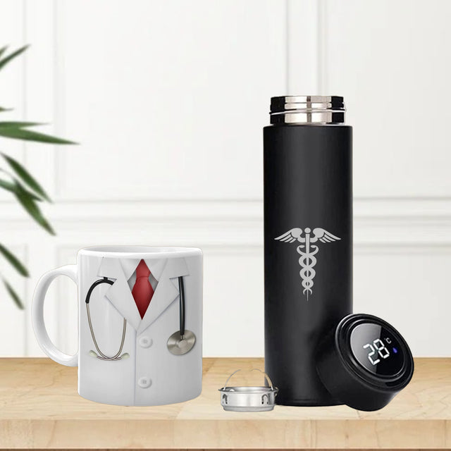 SAVRI Doctor's Drinkware Set: Temp Bottle & Doctor Mug.