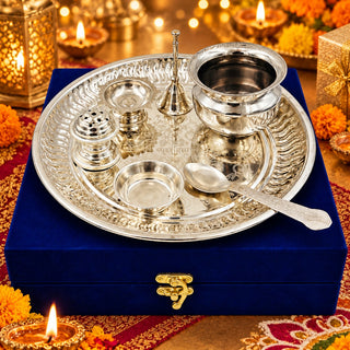 German Silver Swastik Pooja Thali Set with Velvet Gift Box | Silver Plated Diwali & Wedding Housewarming Gift