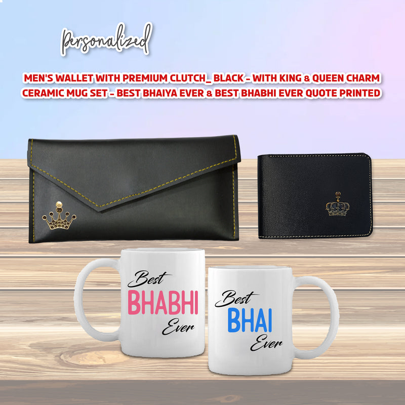 Men's Leather Wallet with Women's Clutch Black & Best Bhai - Bhabhi Mug Set