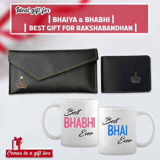 Men's Leather Wallet with Women's Clutch Black & Best Bhai - Bhabhi Mug Set