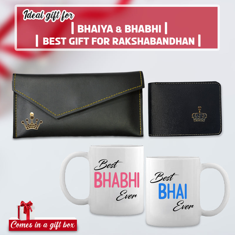 Men's Leather Wallet with Women's Clutch Black & Best Bhai - Bhabhi Mug Set