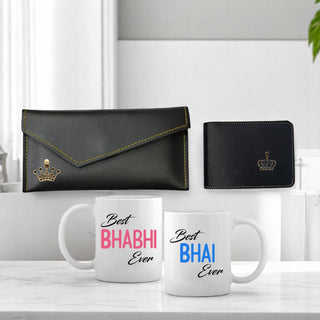 Men's Leather Wallet with Women's Clutch Black & Best Bhai - Bhabhi Mug Set