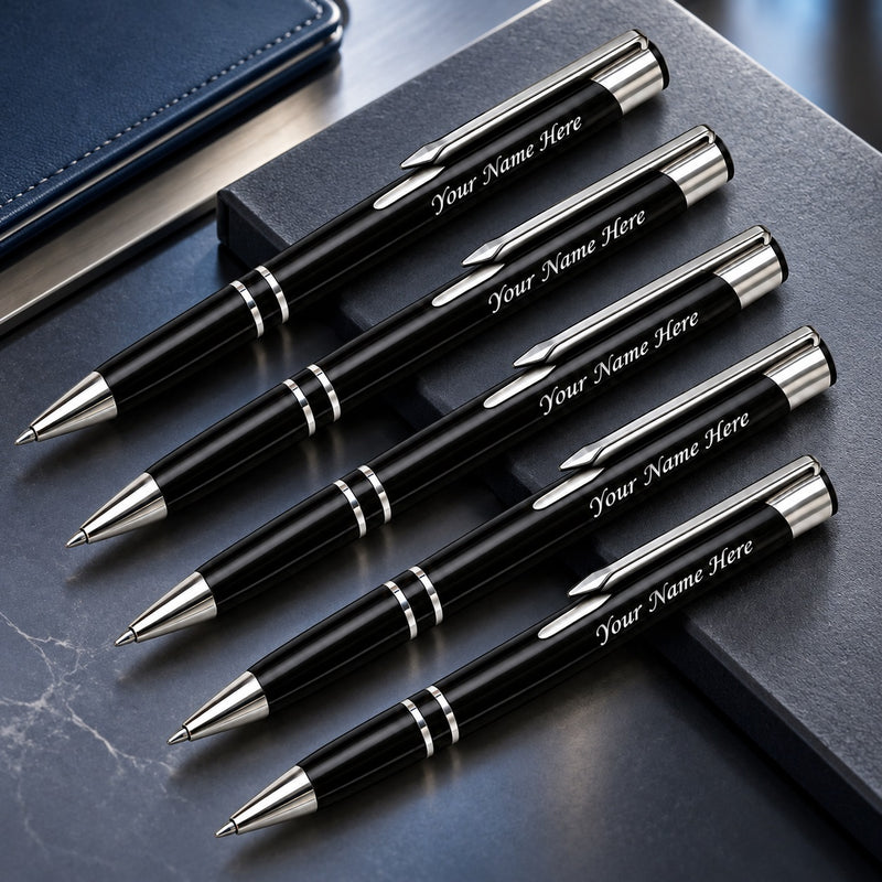 Personalized Metal Ballpoint Pens with Company Name Printed | Black Pen Pack of 5 | Refillable Corporate Pens