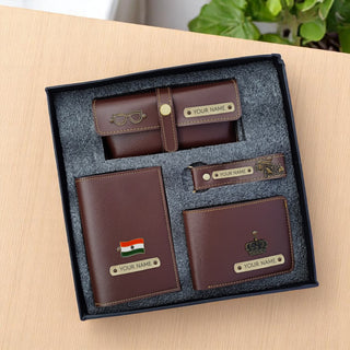 Personalized Men's Leather Gift Set - Wallet, Keychain, Eyewear & Passport Cover.