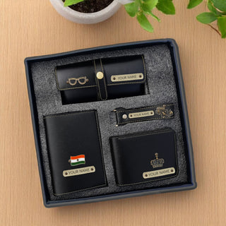 Personalized Men's Leather Gift Set - Wallet, Keychain, Eyewear & Passport Cover.