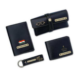Personalized Men's Leather Gift Set - Wallet, Keychain, Eyewear & Passport Cover.