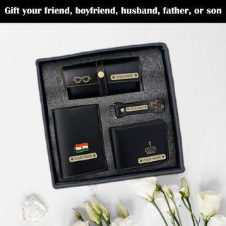 Personalized Men's Leather Gift Set - Wallet, Keychain, Eyewear & Passport Cover.