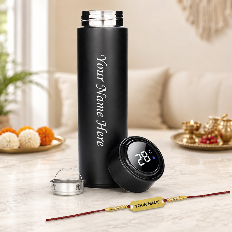 Personalized Rakhi Gift for Brother with Name | Customized Rakhi with 500ml Black Bottle |
