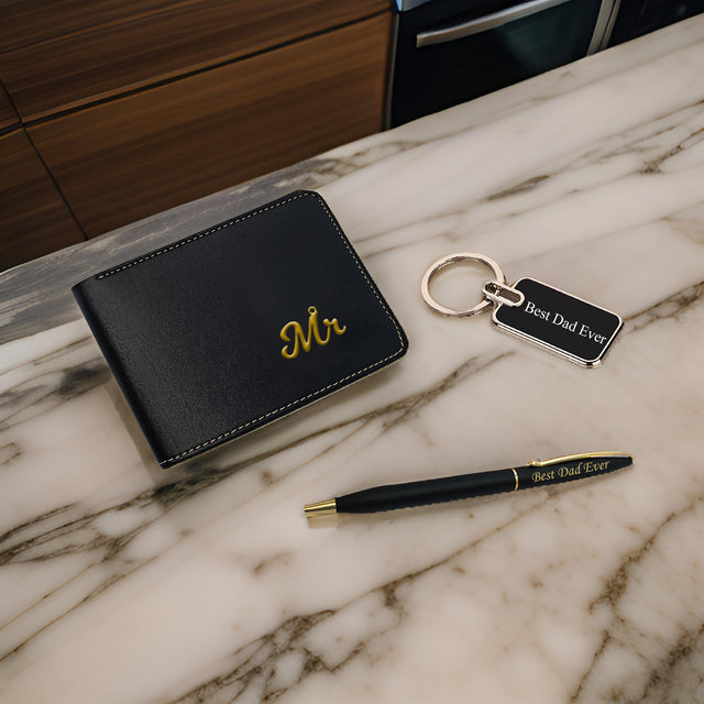 Leather Wallet with Mr. Charm, Slim Pen & Metal Keychain.