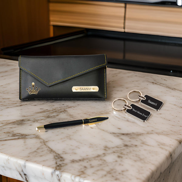 Custom Mother's Day Gift Set – Engraved Pen, Keychain & Personalized Clutch.