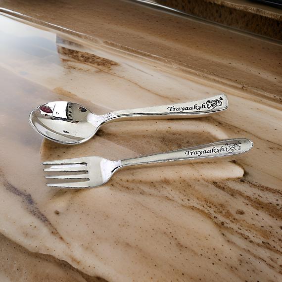 Stainless Steel Spoon & Fork Set with Name & Character Engraved.