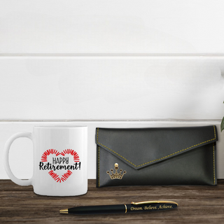 Retirement Gift Set for Women – Leather Clutch, Pen & Mug.