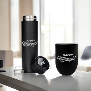 Retirement Gift Set – Thermos Bottle & Travel Mug with Happy Retirement Quote