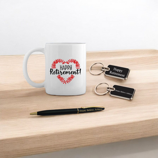 Retirement Gift Set – Pen, Metal Keychain with Quote & Ceramic Coffee Mug